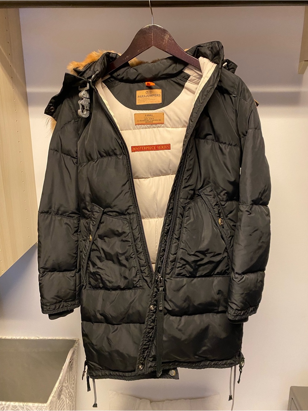 Parajumpers Black Long Puffer Coat with Fur-Trim Hood